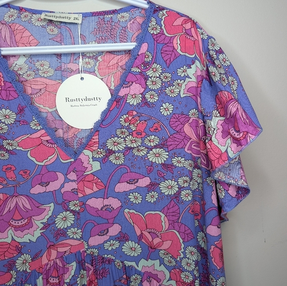 NWT 2XL Plus Size Edin Floral Pink Purple Blue Boho Flowy Maxi Dress - Picture 5 of 10